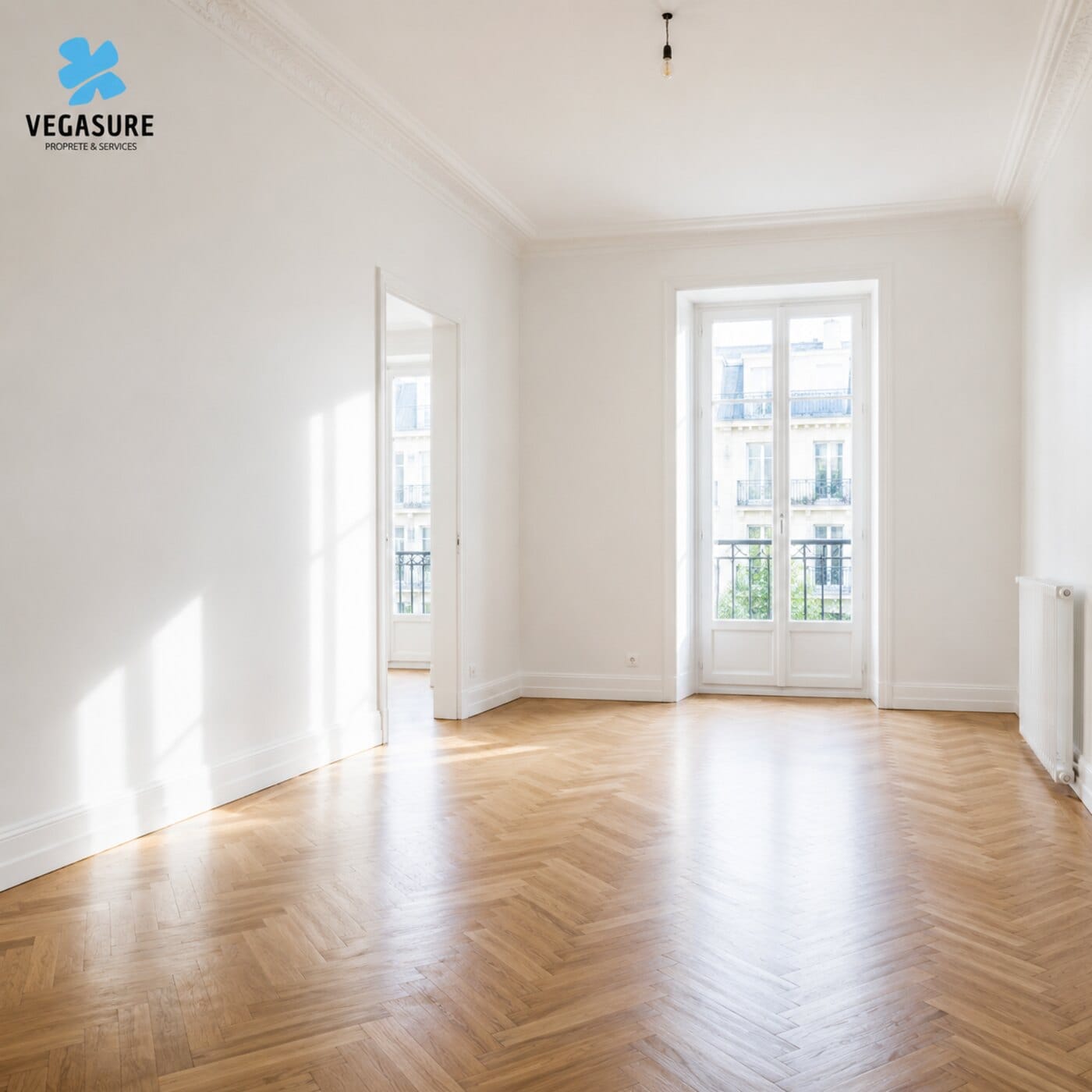 Appartement vide et parfaitement propre après un nettoyage de fin de chantier, parquet clair et murs blancs